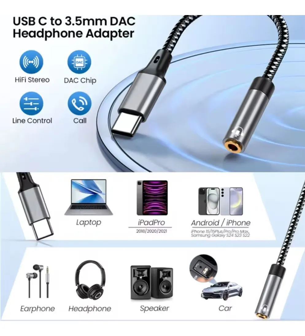 Adaptador De Audio Dac Tipo C A Jack 3.5mm Hires Hifi Plata Negro/plateado