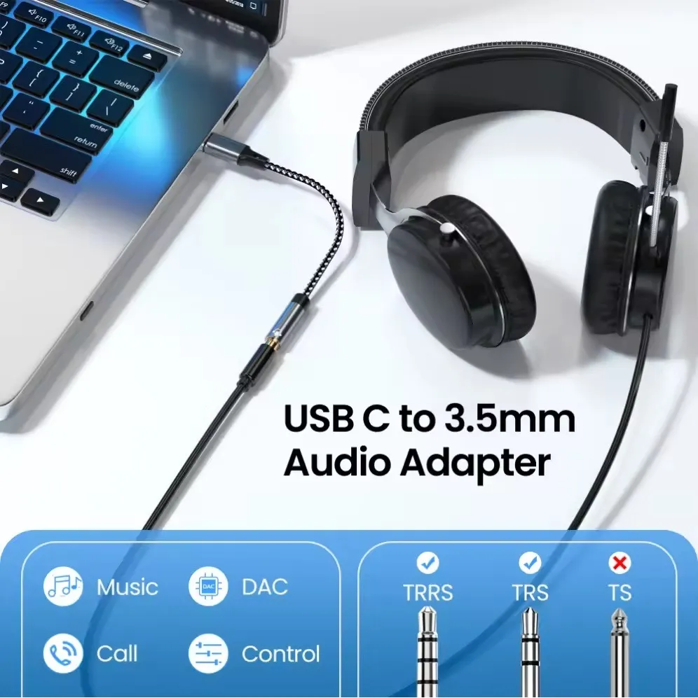 Adaptador De Audio Dac Tipo C A Jack 3.5mm Hires Hifi Plata Negro/plateado