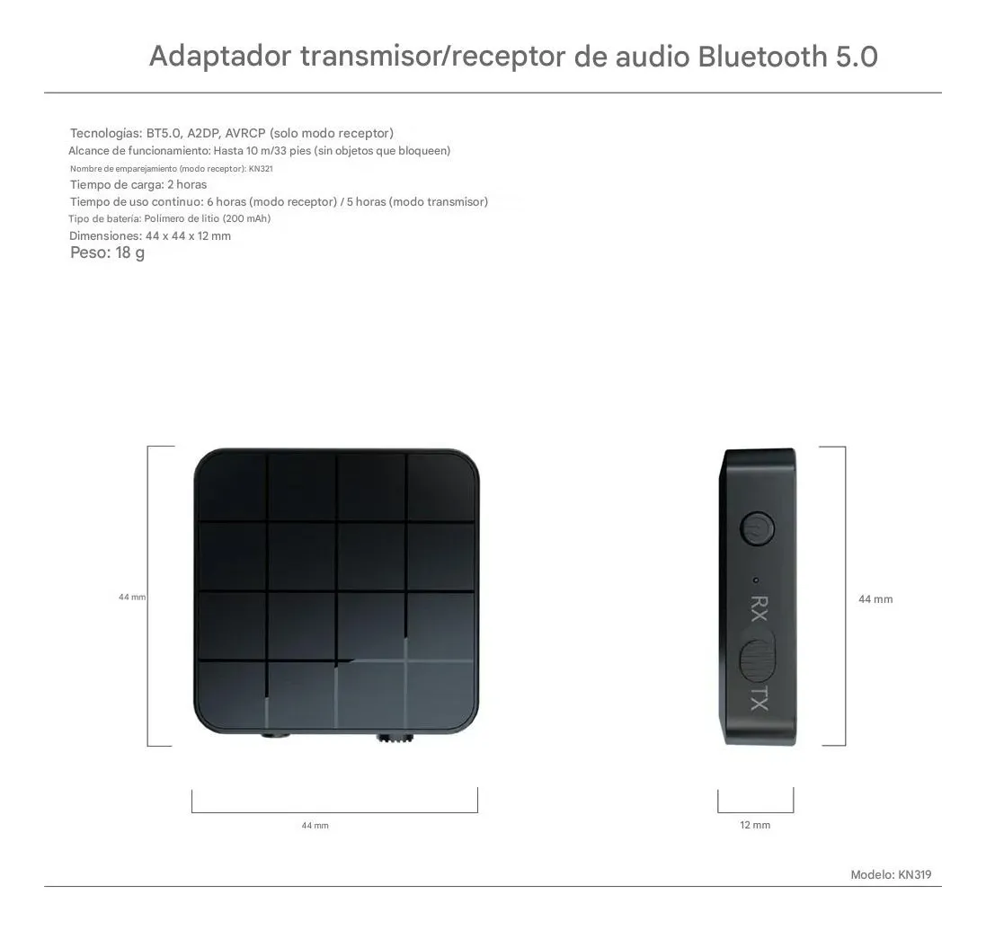 Adaptador Emisor Receptor 2 En 1 Bluetooth 5.0 Kn321