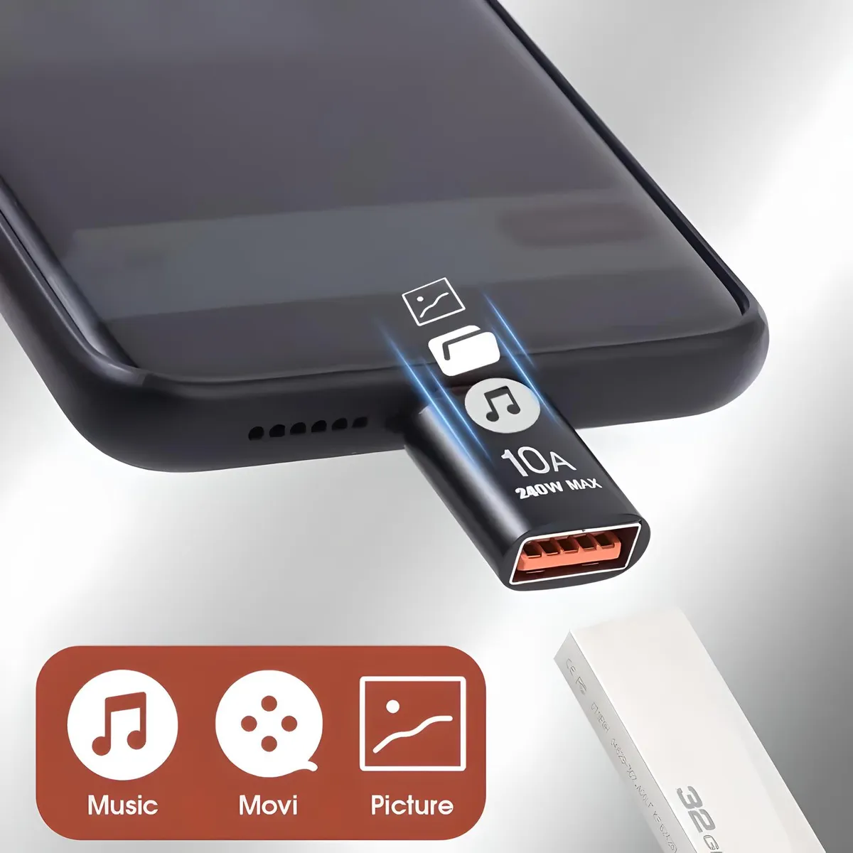 Adaptador Otg Usb A 3.0 A Tipo C Fast Charge & Transfer Negro Con Naranja