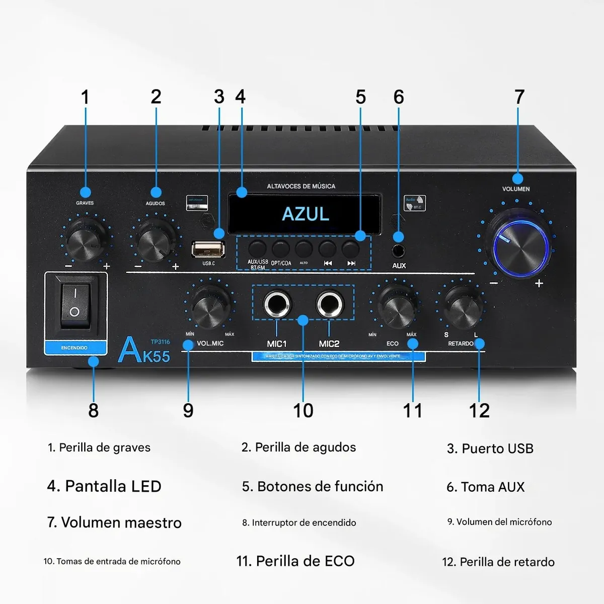 Amplificador Audio Bluetooth Usb 2 Canales Hi-fi 70w + 70w Negro 70 W