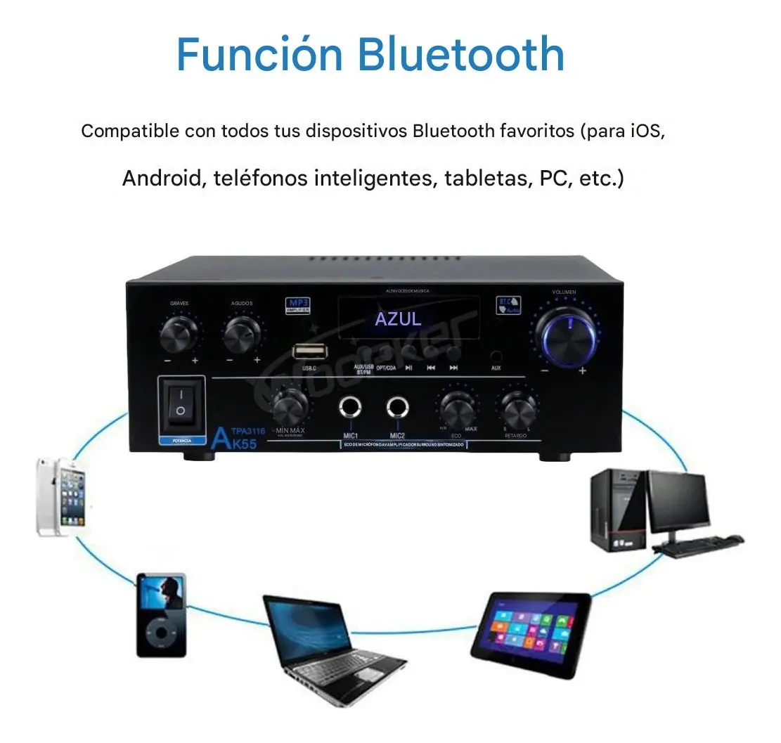 Amplificador Audio Bluetooth Usb 2 Canales Hi-fi 70w + 70w Negro 70 W