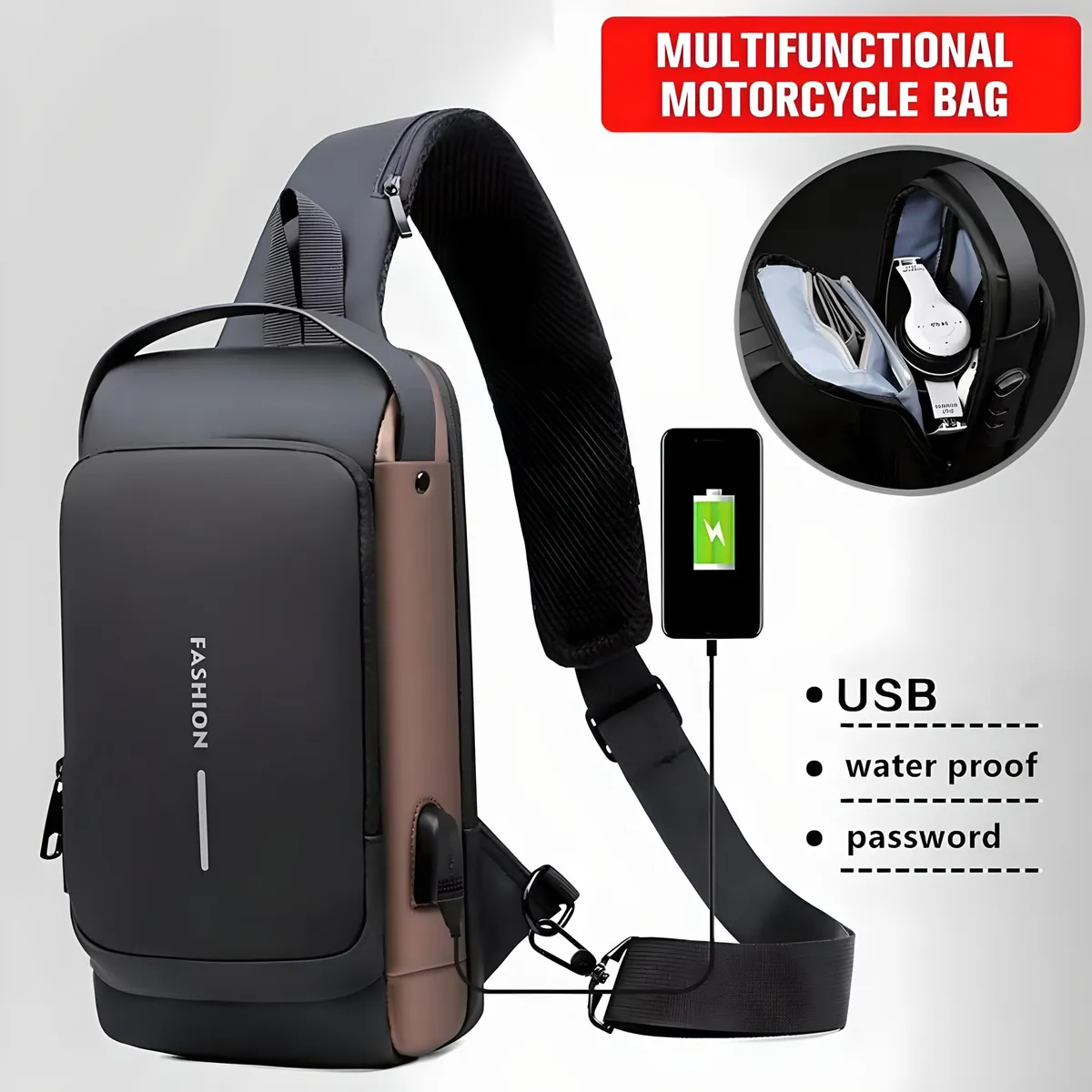 Bolso Bandolera Hombre Antirrobo Puerto Usb Estilo Seguro Marrón Oscuro