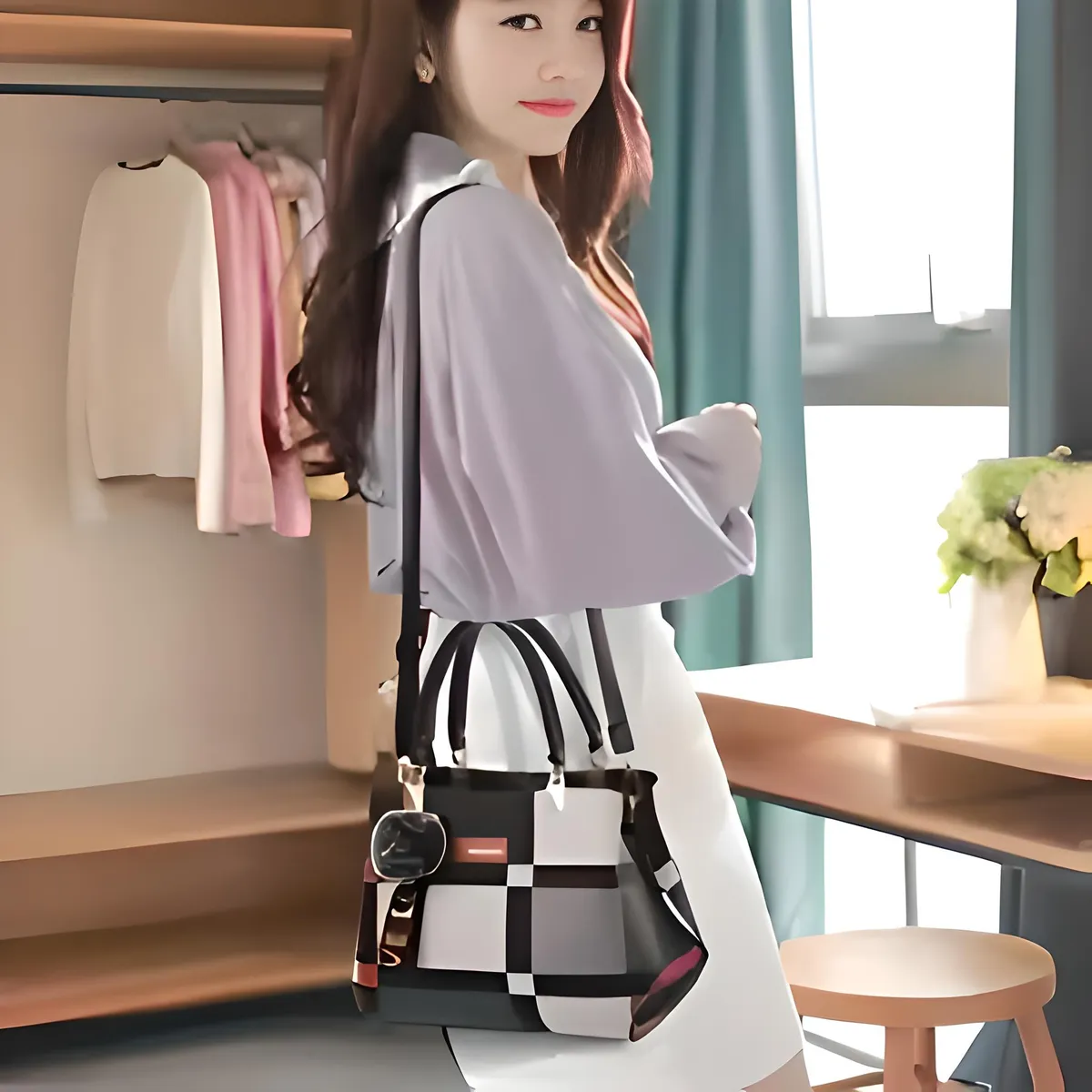 Bolso De Mano Mujer Fashion Kuoy Estilo Y Elegancia Beige Rayas Níquel