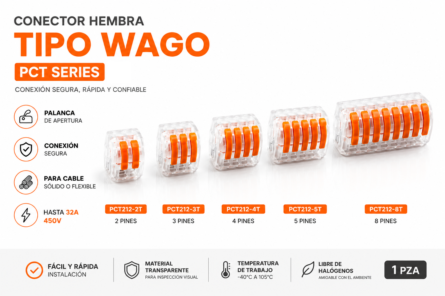 Conector Hembra Palanca Tipo Wago PCT Transparente Palanca Color Naranja 1 Pza