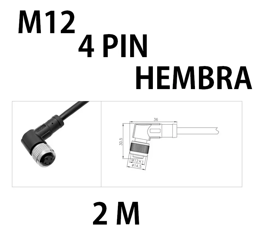 Conector M12 Hembra 4 Pines Tipo L Cable 2m Negro