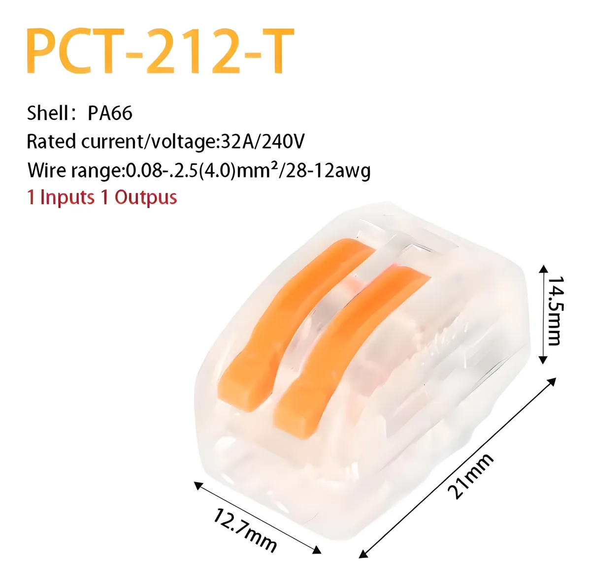 Conectores Hembra Palanca Tipo Wago 2 Pines Pct212t Transparente Con Palancas En Color Naranja