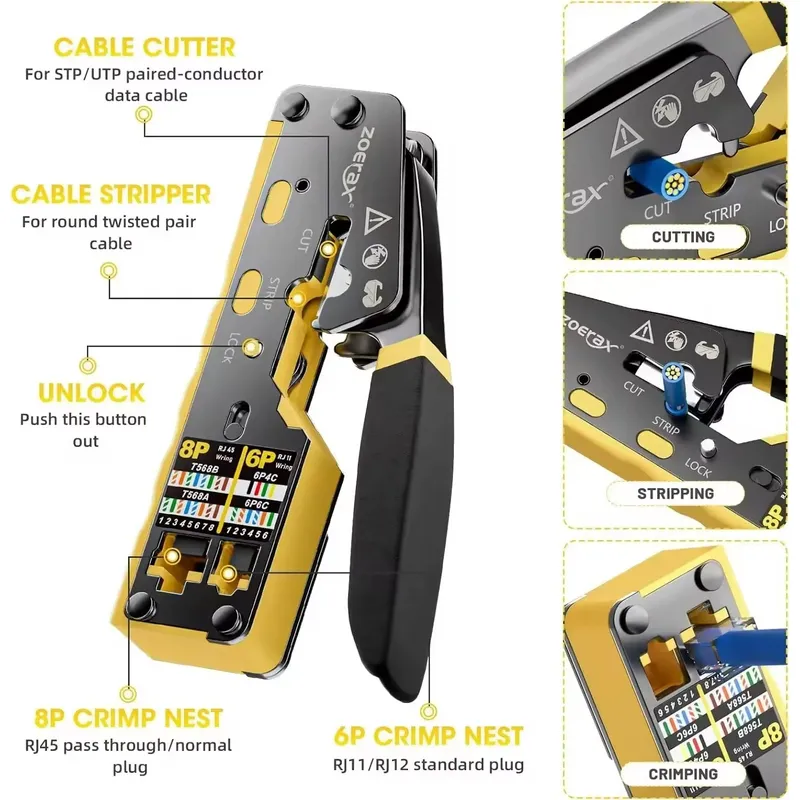 Crimpadora Pinza Passthrough Ponchadora Rj45 Utp Cat5 Cat6 AMARILLA