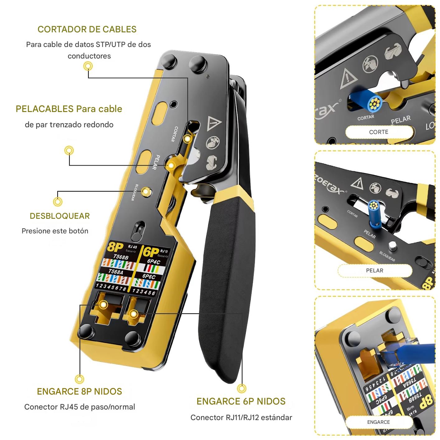 Crimpadora Pinza Passthrough Ponchadora Rj45 Utp Cat5 Cat6 AMARILLA