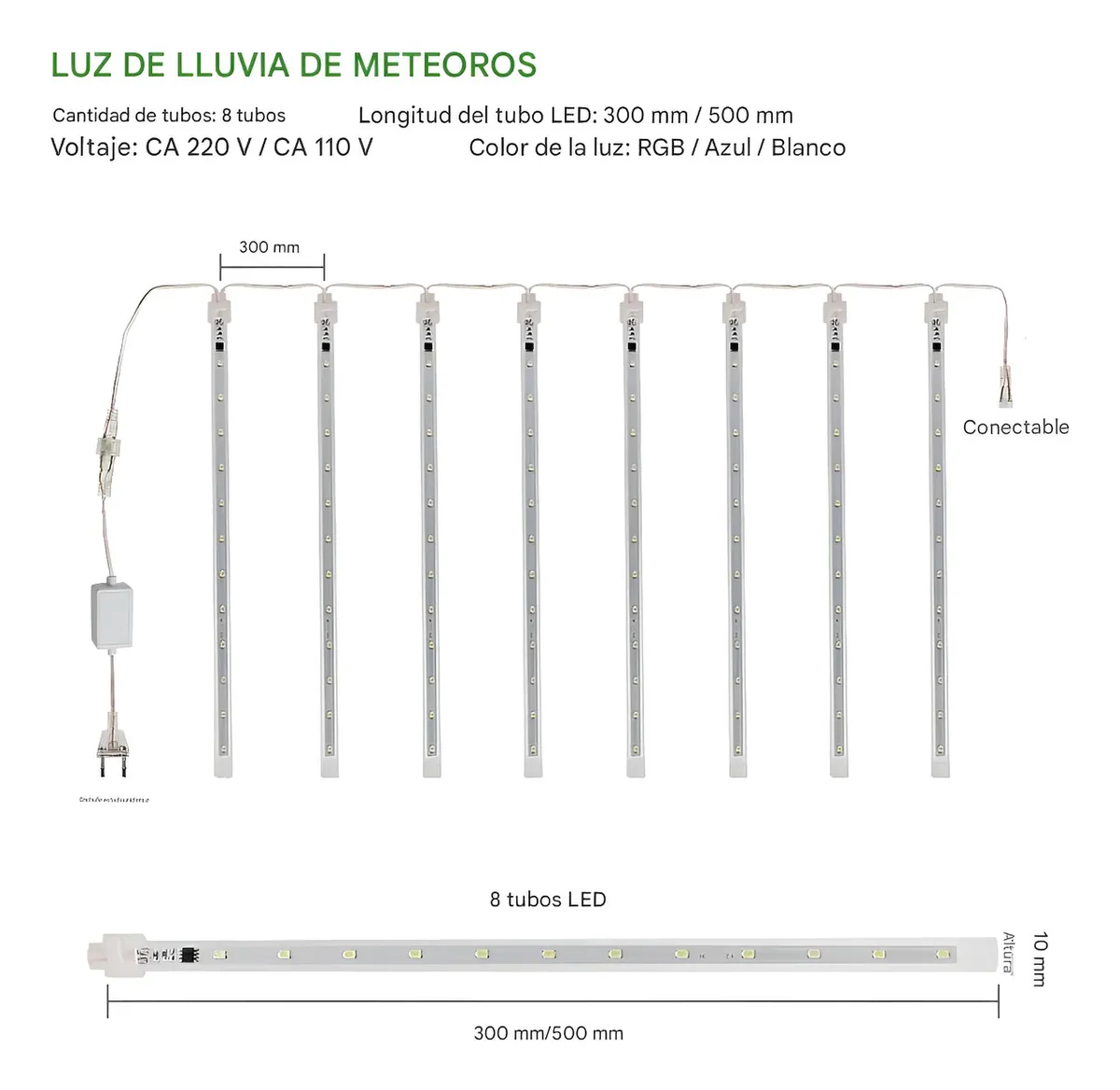 Guirnalda 8 tubos Led Lluvia De Meteoros Luces Elige Largo 30cm Y 50cm