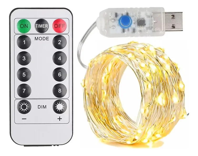Guirnalda Luces Led Navideñas Con Control Remoto 10m 8 Modos Blanco Cálido