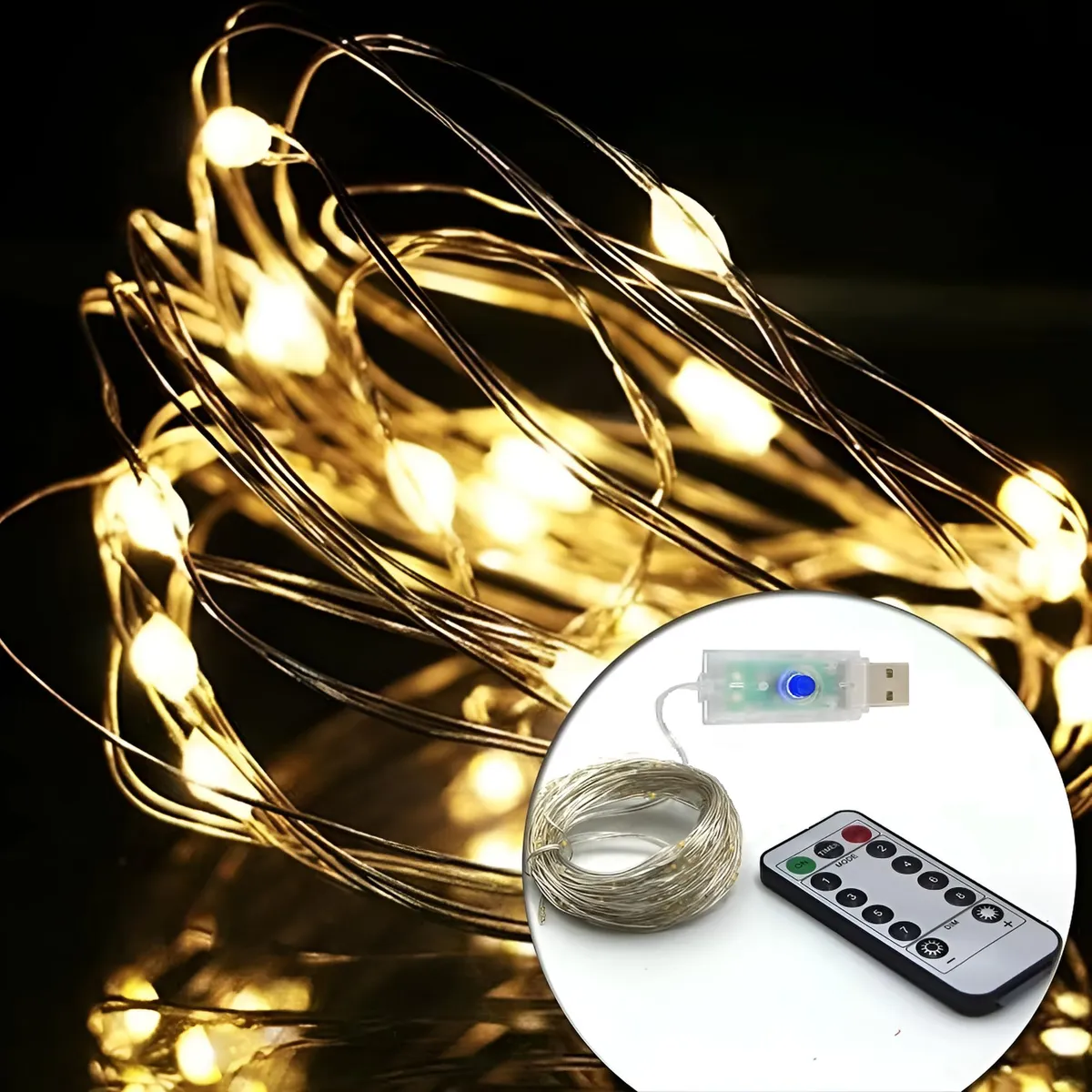Guirnalda Luces Led Navideñas Con Control Remoto 10m 8 Modos Blanco Cálido