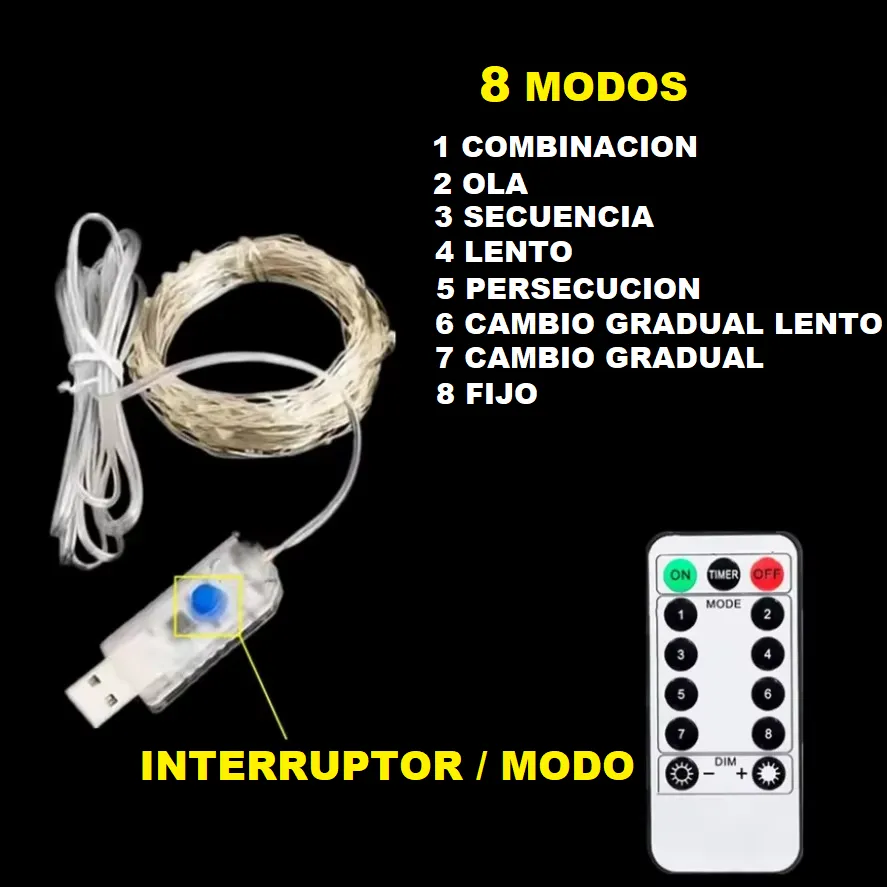 Guirnalda Luces Led Navideñas Con Control Remoto 10m 8 Modos Blanco Cálido