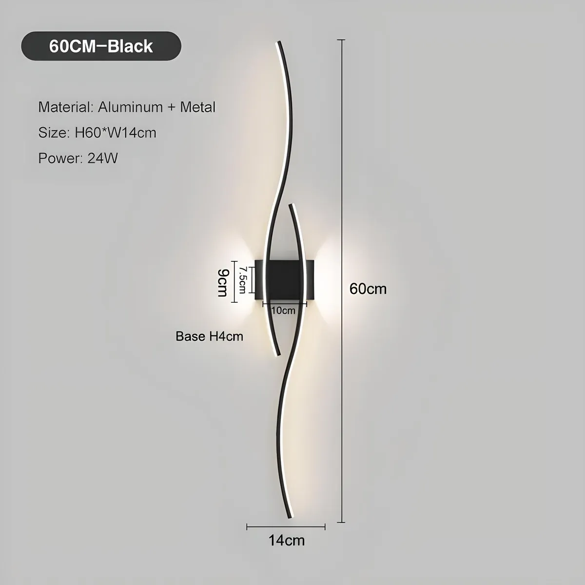 Lampara Moderna Pared Recamara 60cm Led Luz Calida Negro