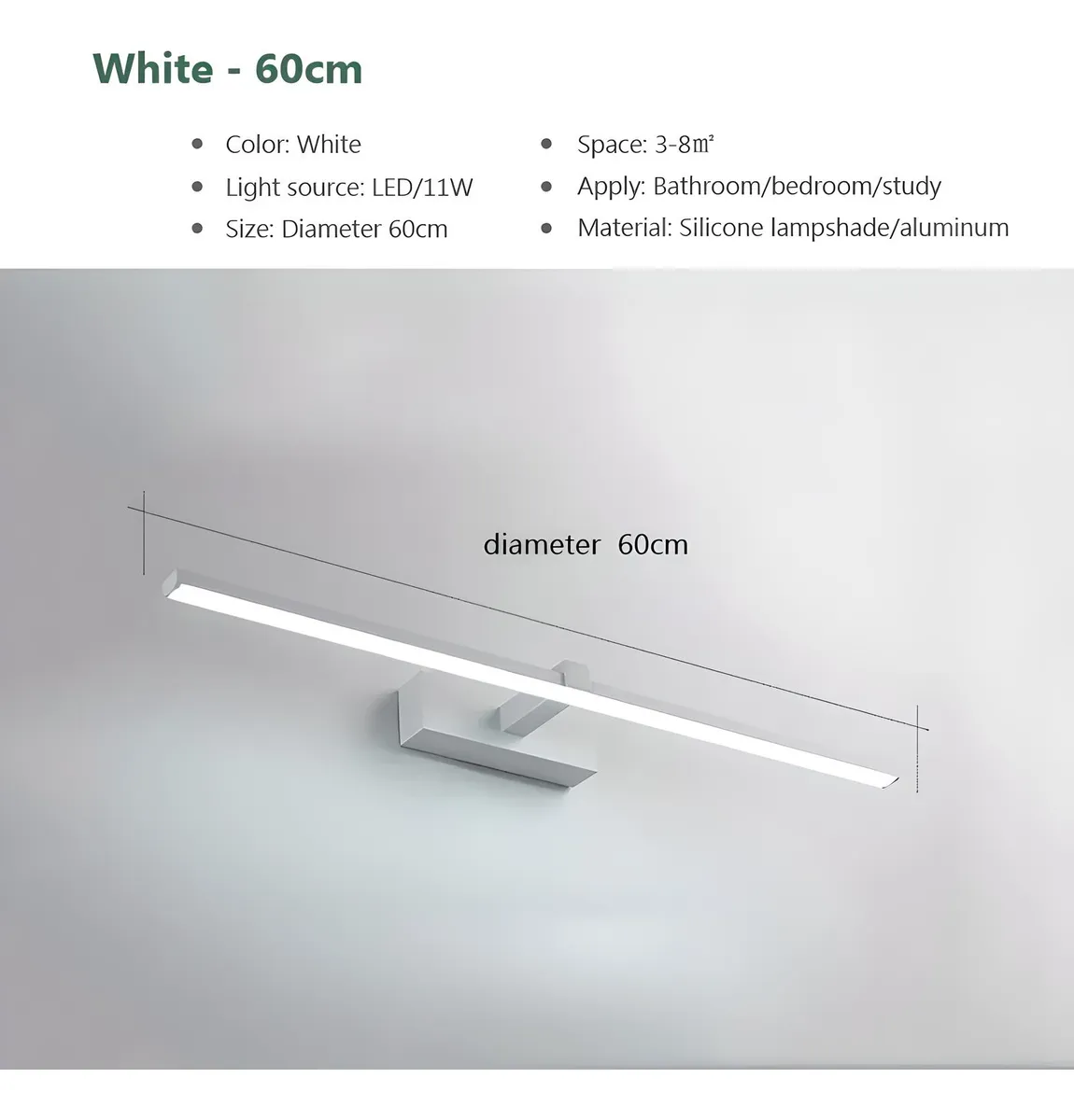 Lampara Pared Espejo Baño 60cm Blanca Led Blanco Frio
