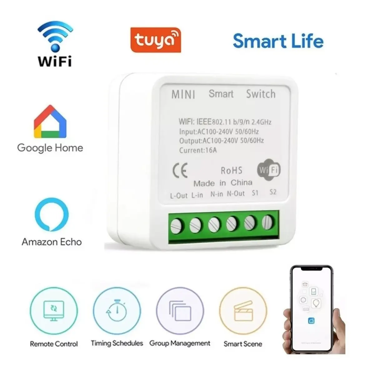 Mini Interruptor Inteligente Wifi Convierte Tu Apagador O Contacto En Smart, 16a, 110v 16 A Blanco